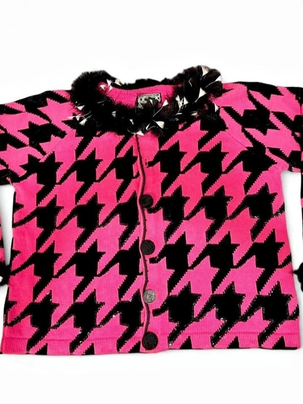 BEREK Pink & Black Feather Trim Sweater, Large